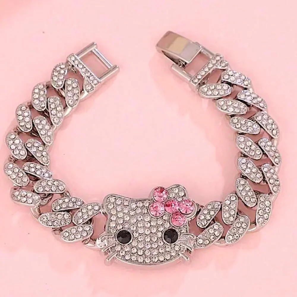 Silver Hello Kitty Rhinestone Bracelet Chain Link - Picture 1 of 5